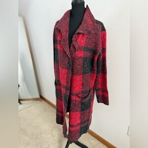 Joseph A Red Black Buffalo Plaid Long Cardigan Sweater Coat Size S